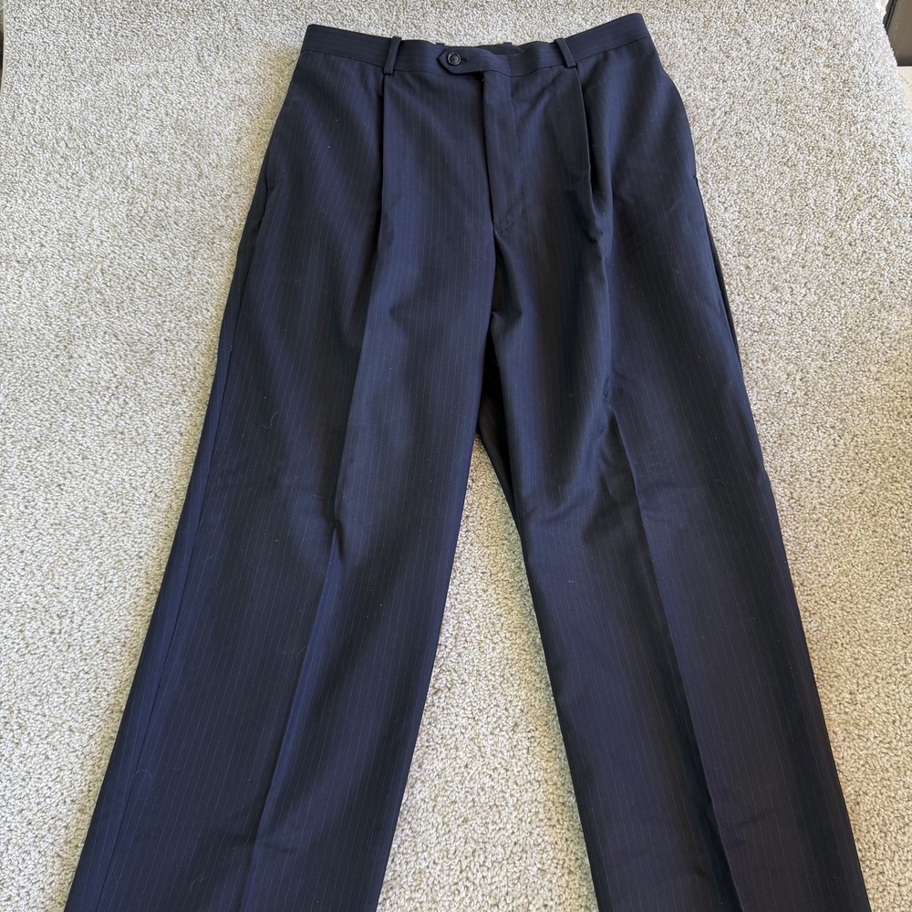Tasso Elba Dress Pants Mens 34 Blue Wool Pleated Straight Leg Business Formal